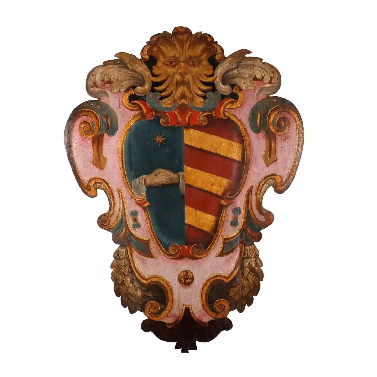 Ancient baroque coat of arms Pasqui in poplar, Florence, 18th century