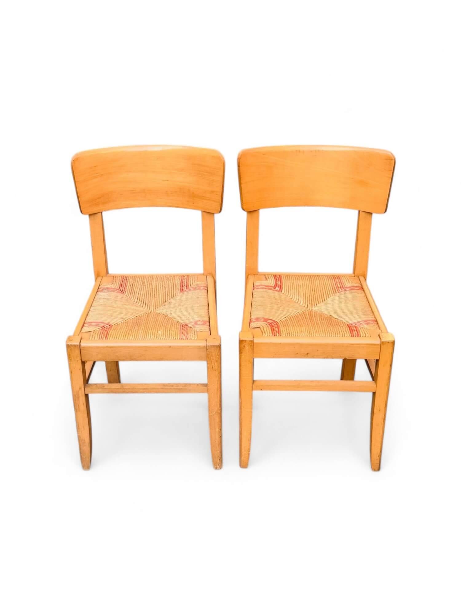 2 vintage beech chairs, straw seats