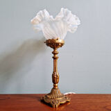Table lamp in gilded bronze with opalescent glass shade, early 20th century.