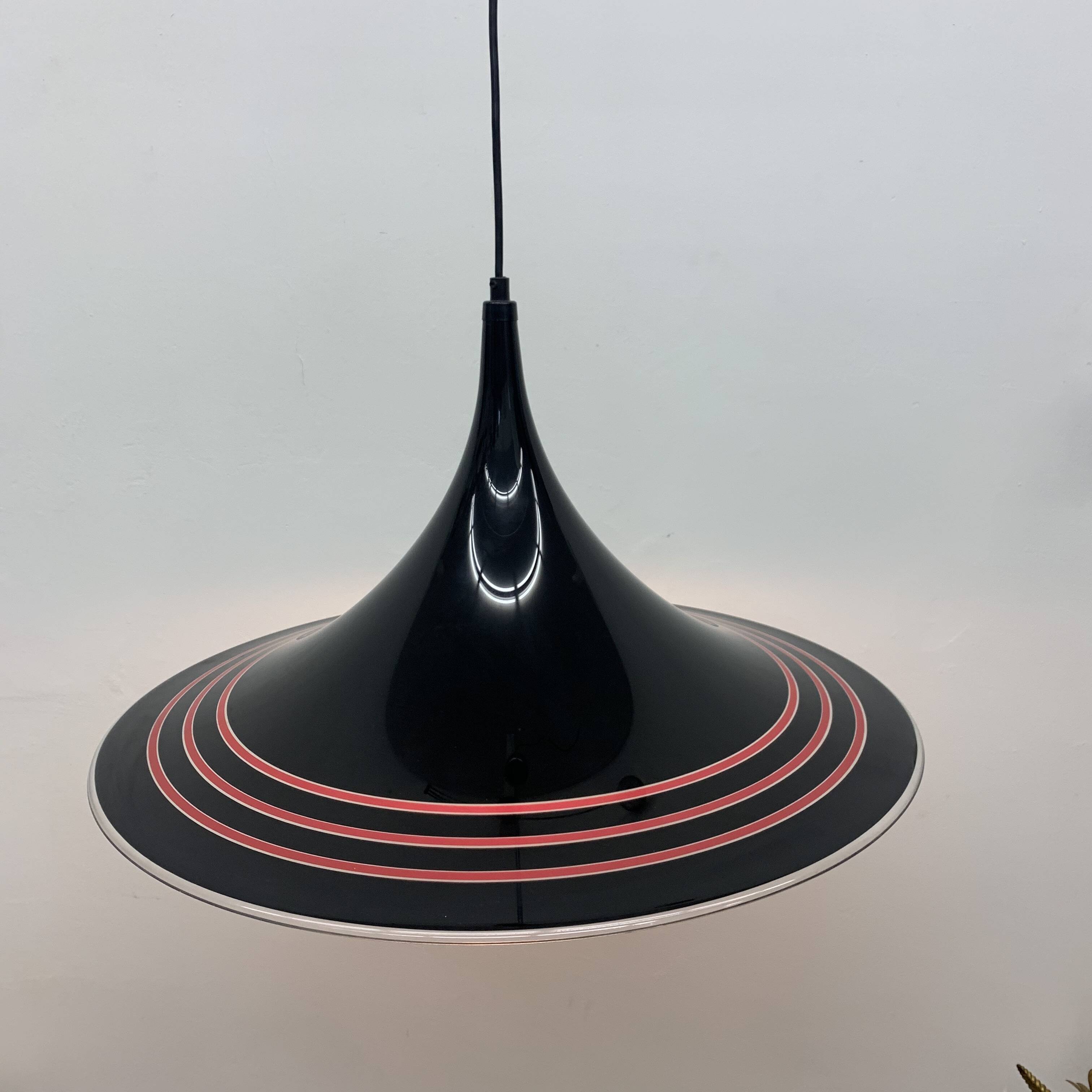 Vintage plastic meblo guzzini black trumpet hanging lamp , 1980’s