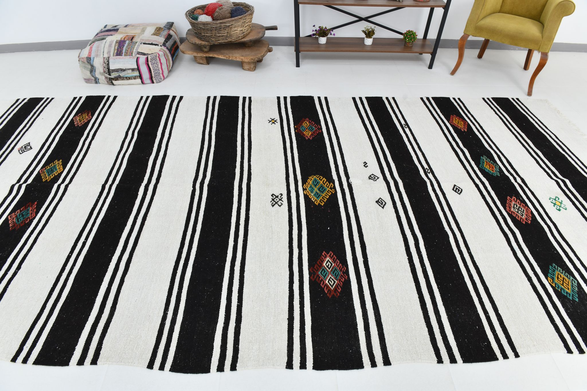 Tapis de chanvre blanc et noir 6x13, 202x404cm