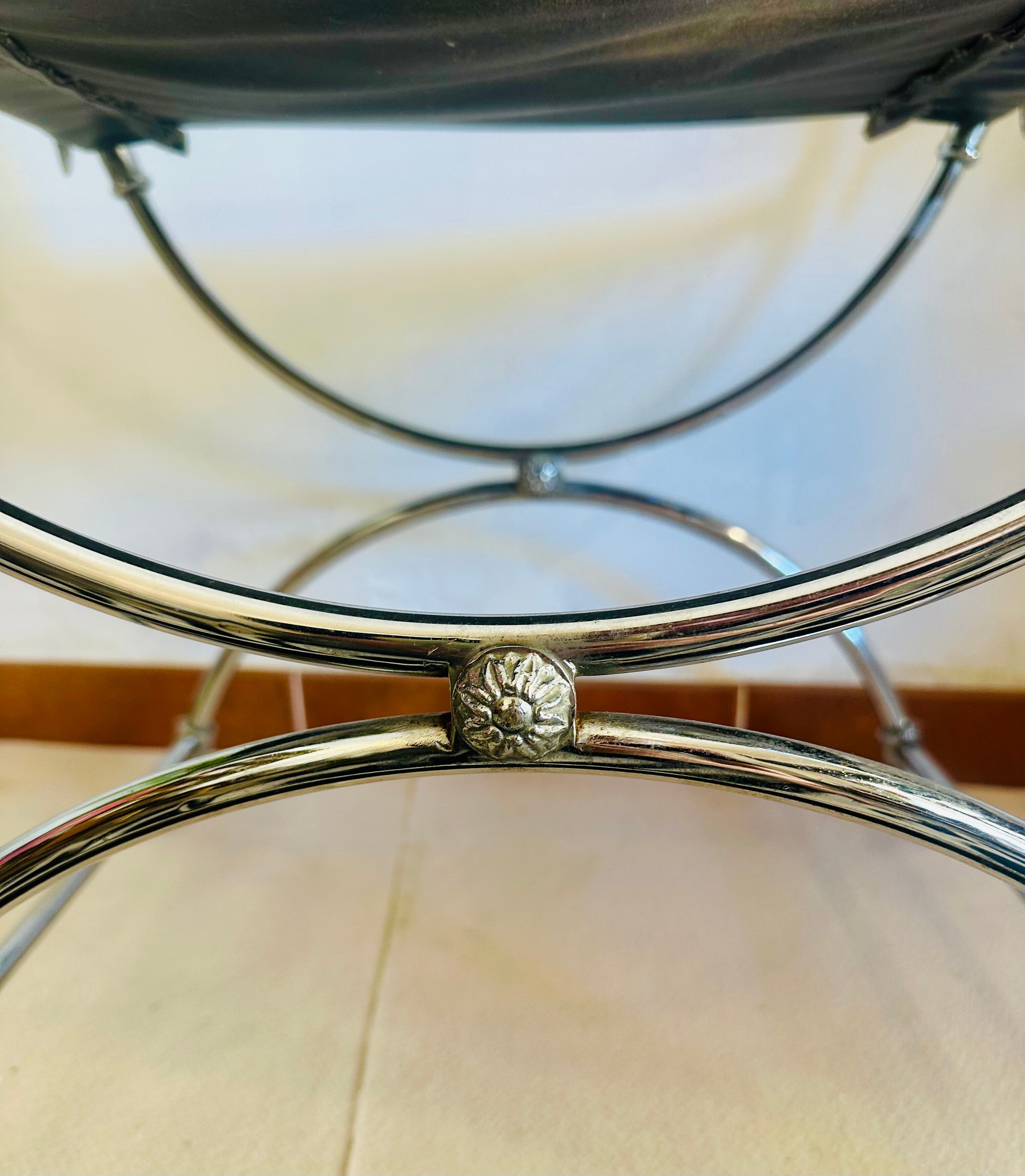 Curule Stool Maison Jansen in Chrome Steel and Black Leather