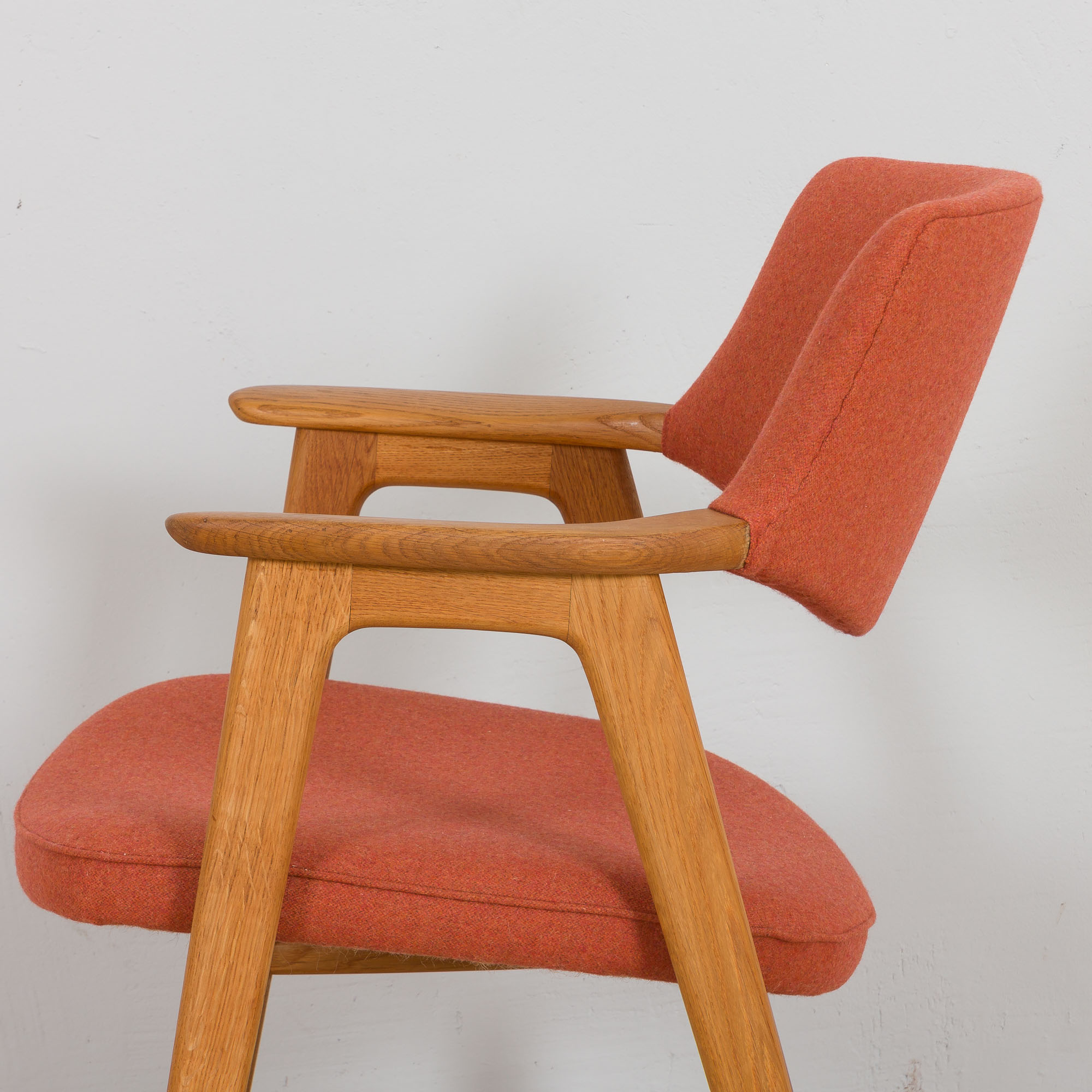 Erik Kirkegaard Oak desk chair in new pale red  wool upholstery.