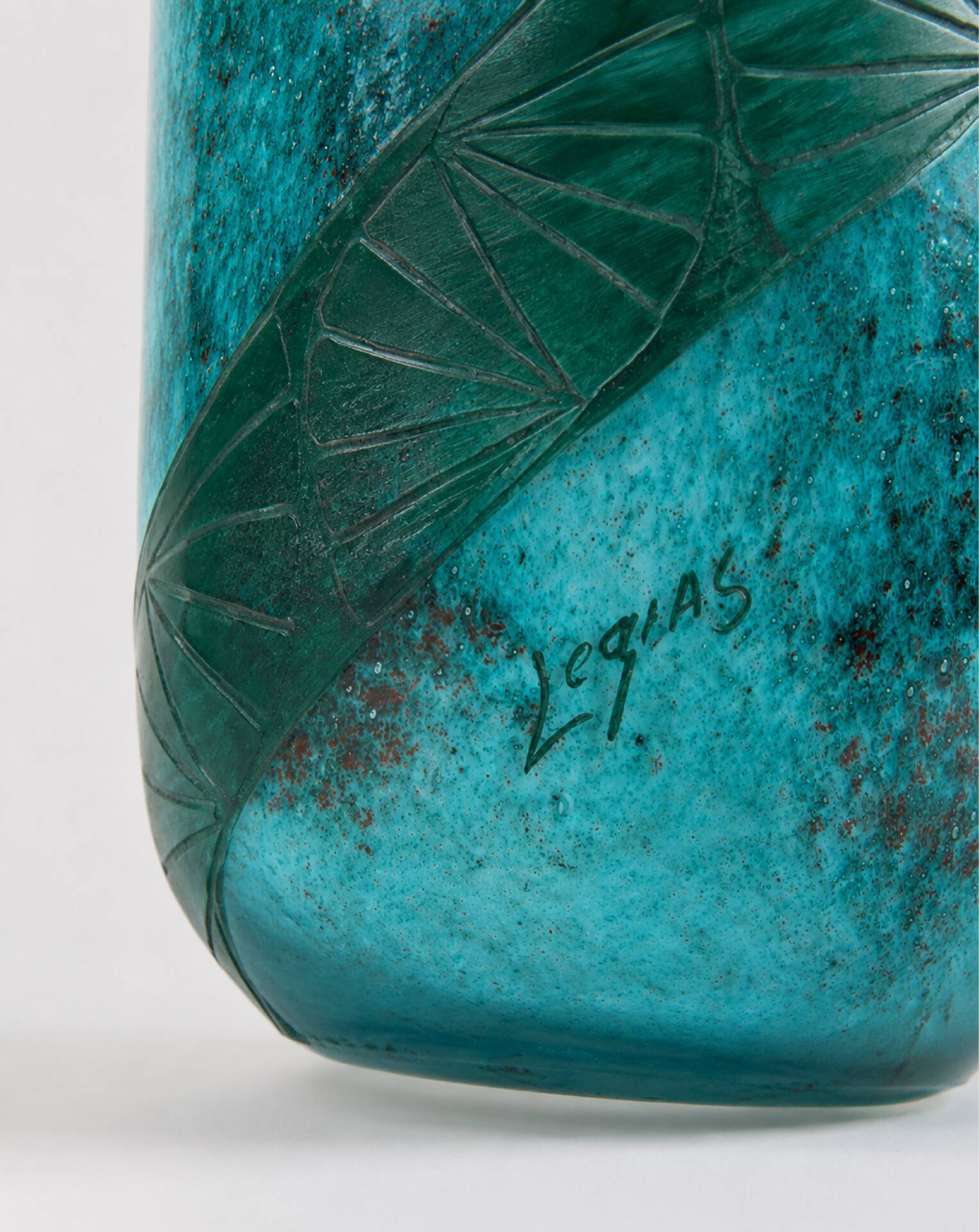 Legras Art Deco Vase - Turquoise marbled glass with palm decoration