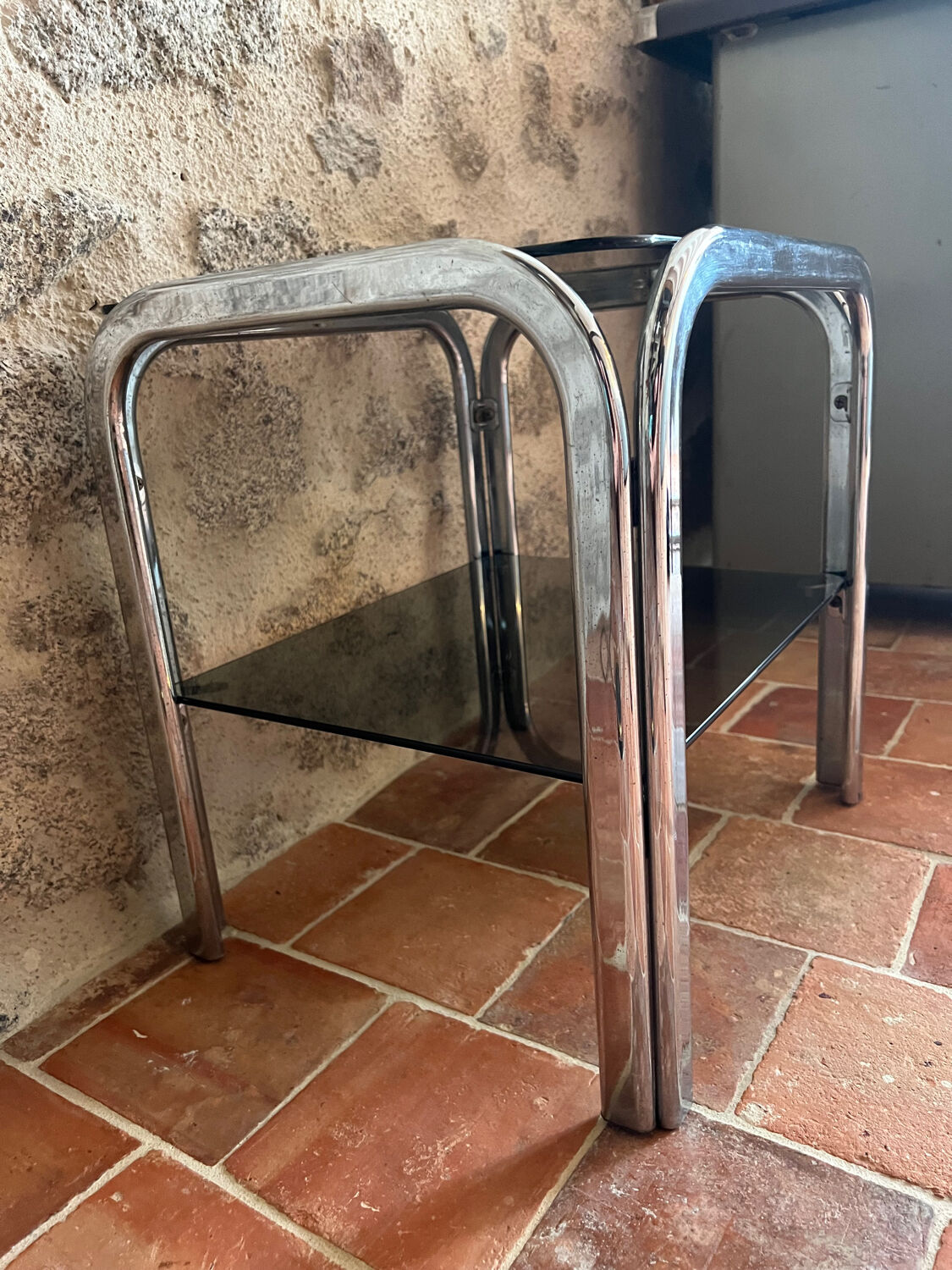 Chrome end table/side table and smoked glass