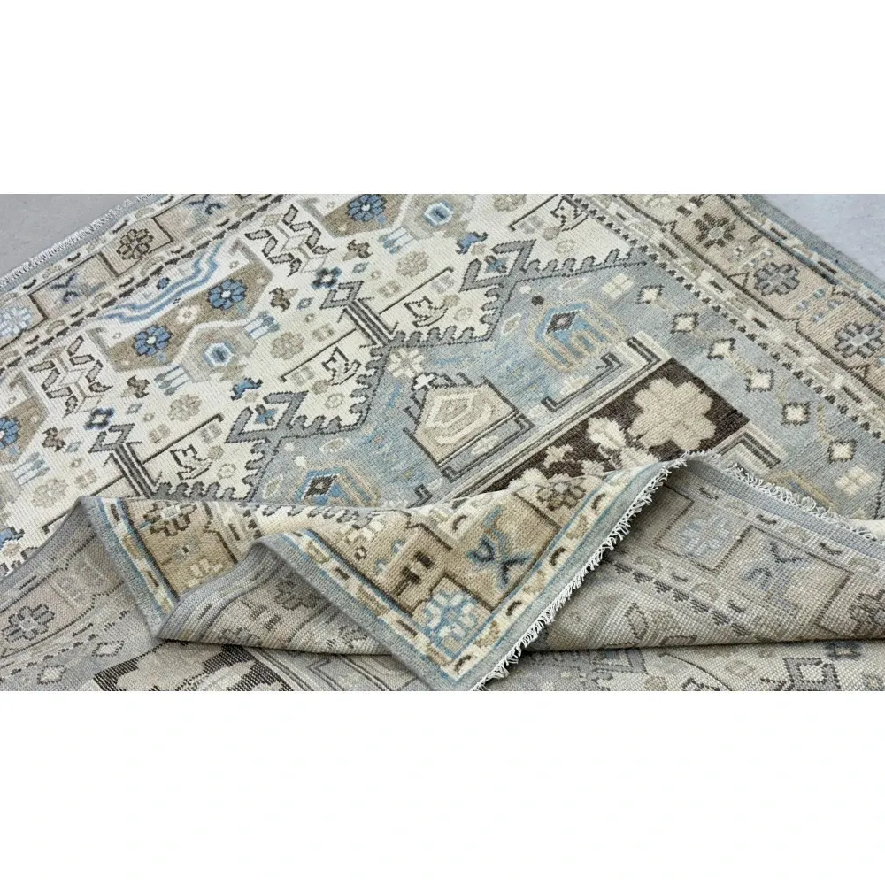 Hand-Knotted Wool Area Rug for Living Room, Decorative Oushak Blue and Ivory Floral Design Carpet