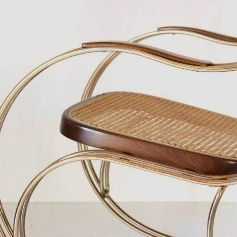1970s Thonet-Style Rocking Chair, Brass & Wicker