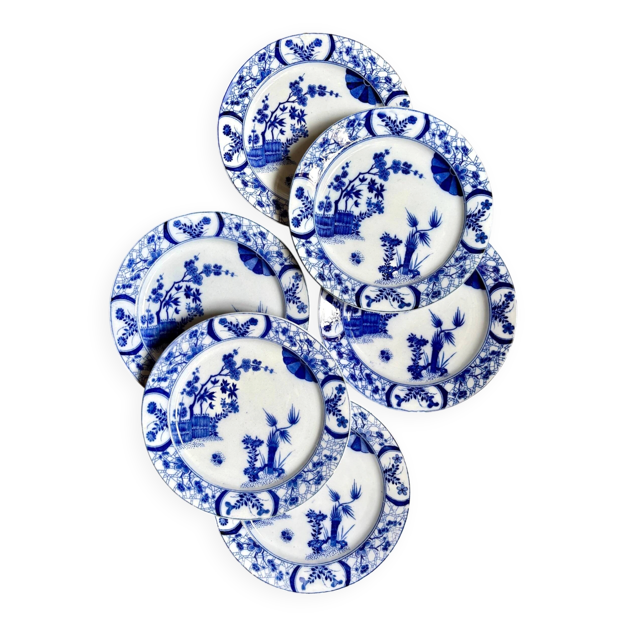 6 dessert plates Creil & Montereau in blue ironstone, "Japan" service
