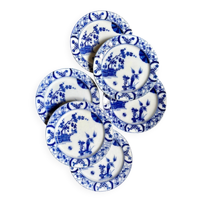 6 assiettes à entremet Creil & Montereau en terre de fer bleue, service ''Japon