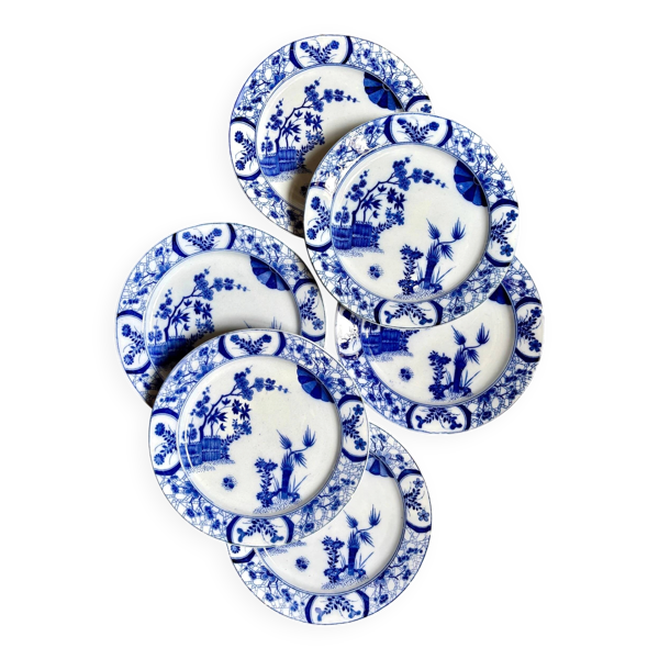 6 assiettes à entremet Creil & Montereau en terre de fer bleue, service ''Japon
