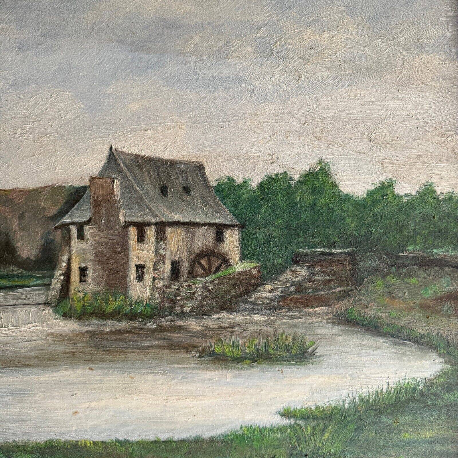 Oil on cardboard early 20th century water mill baguette frame