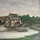 Huile sur carton début XXe moulin à eau cadre baguette