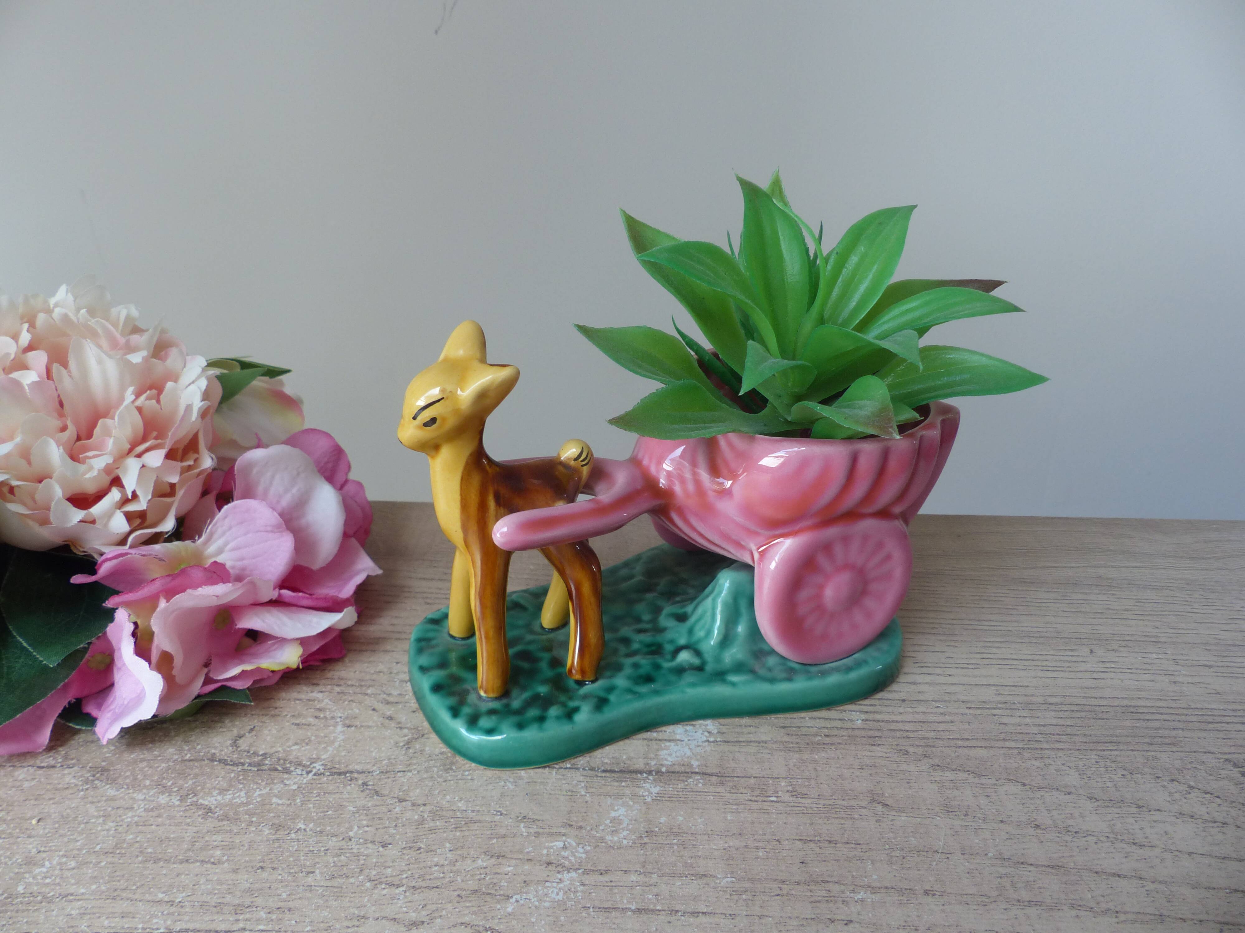 Pot, vase, small doe fawn planter pulling a vintage ceramic cart
