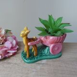 Pot, vase, small doe fawn planter pulling a vintage ceramic cart