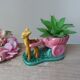 Pot, vase, small doe fawn planter pulling a vintage ceramic cart