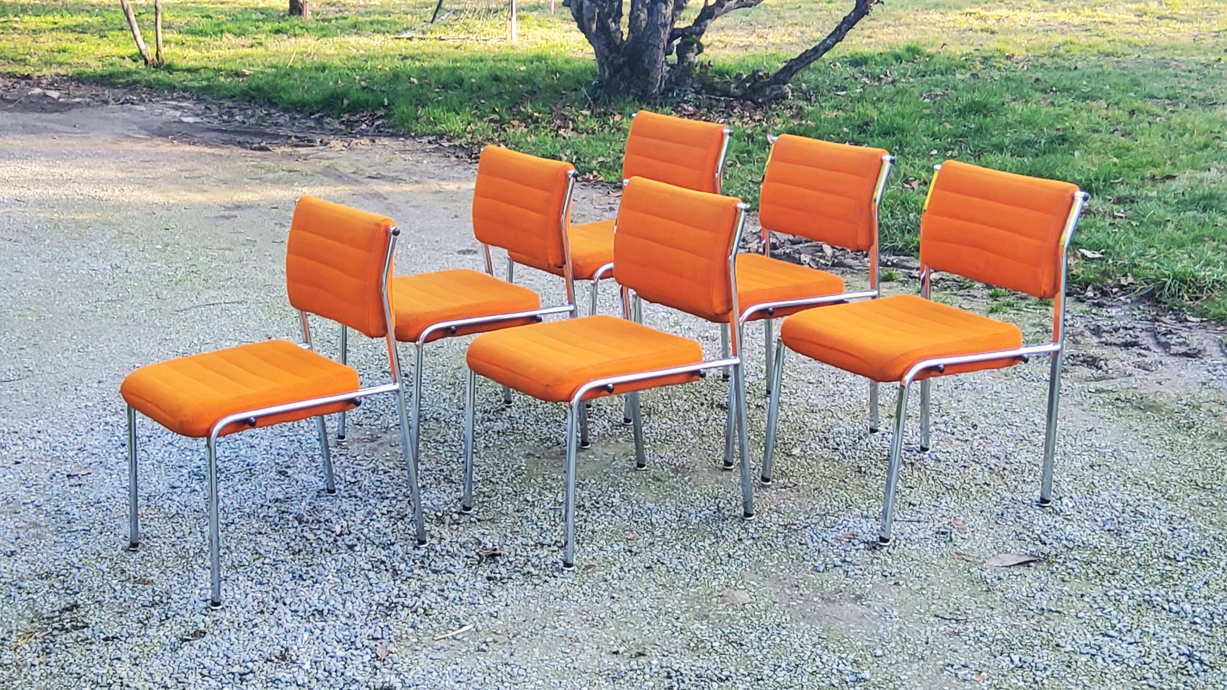 Set of 6 designer chairs from the 70s orange fabrics and chrome tubes