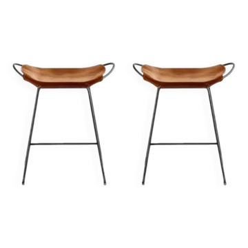 Pair of contemporary bar stools in cognac and smoked black.
