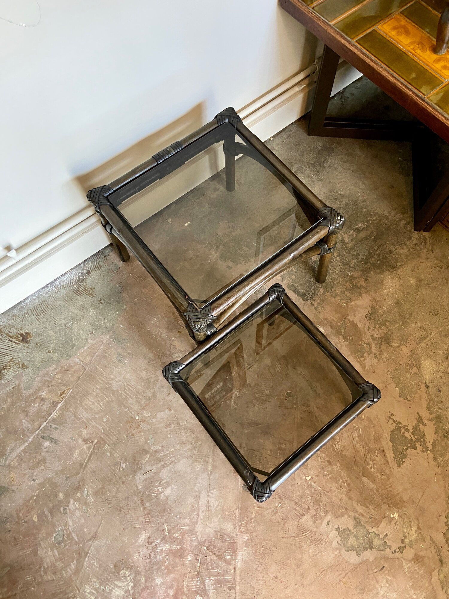 2 coffee tables, rattan sofa tips and smoked glass