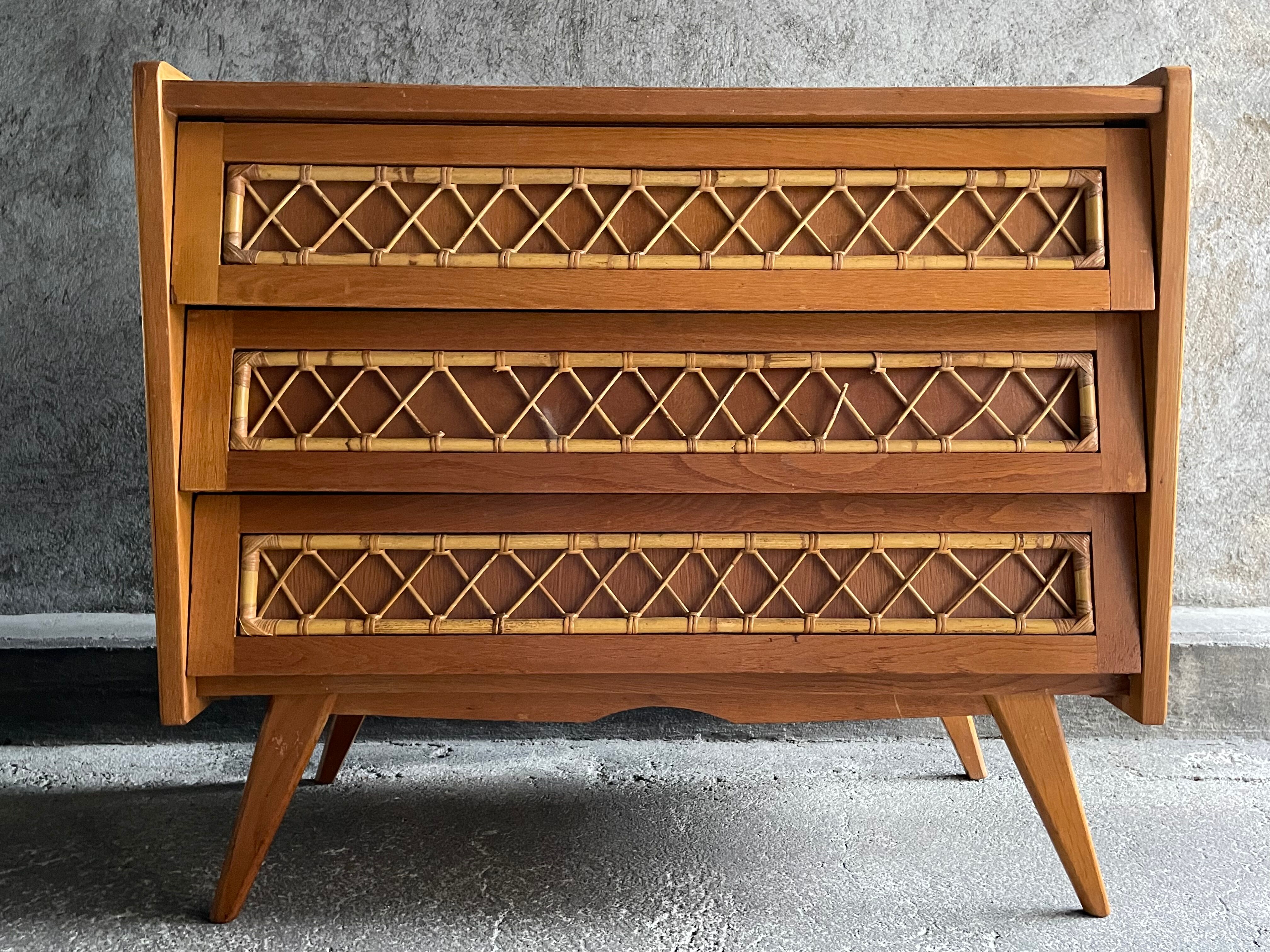 3-drawer chest of drawers with rattan decorations, France 1970s