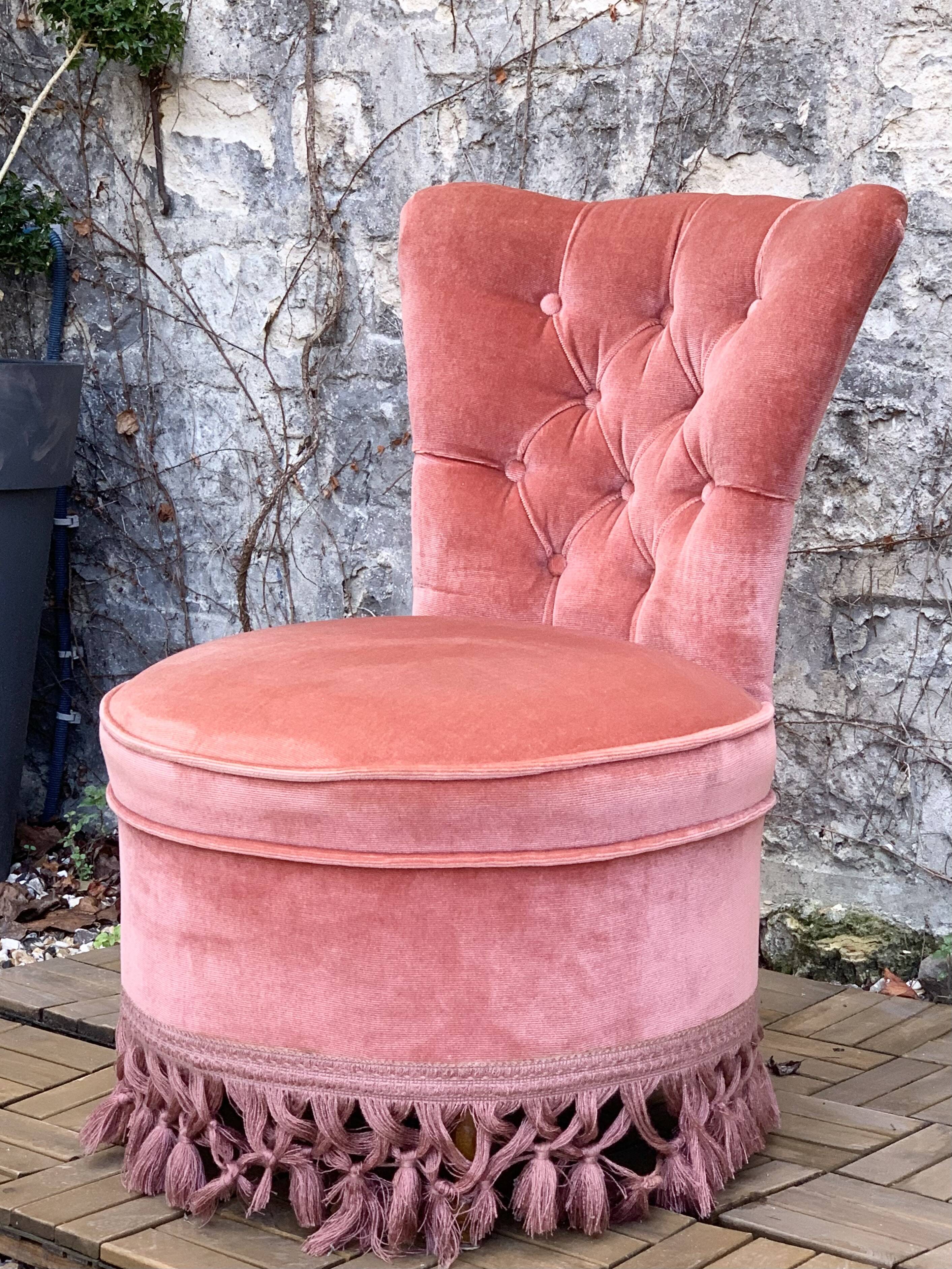 Pink velvet padded toad armchair 1970