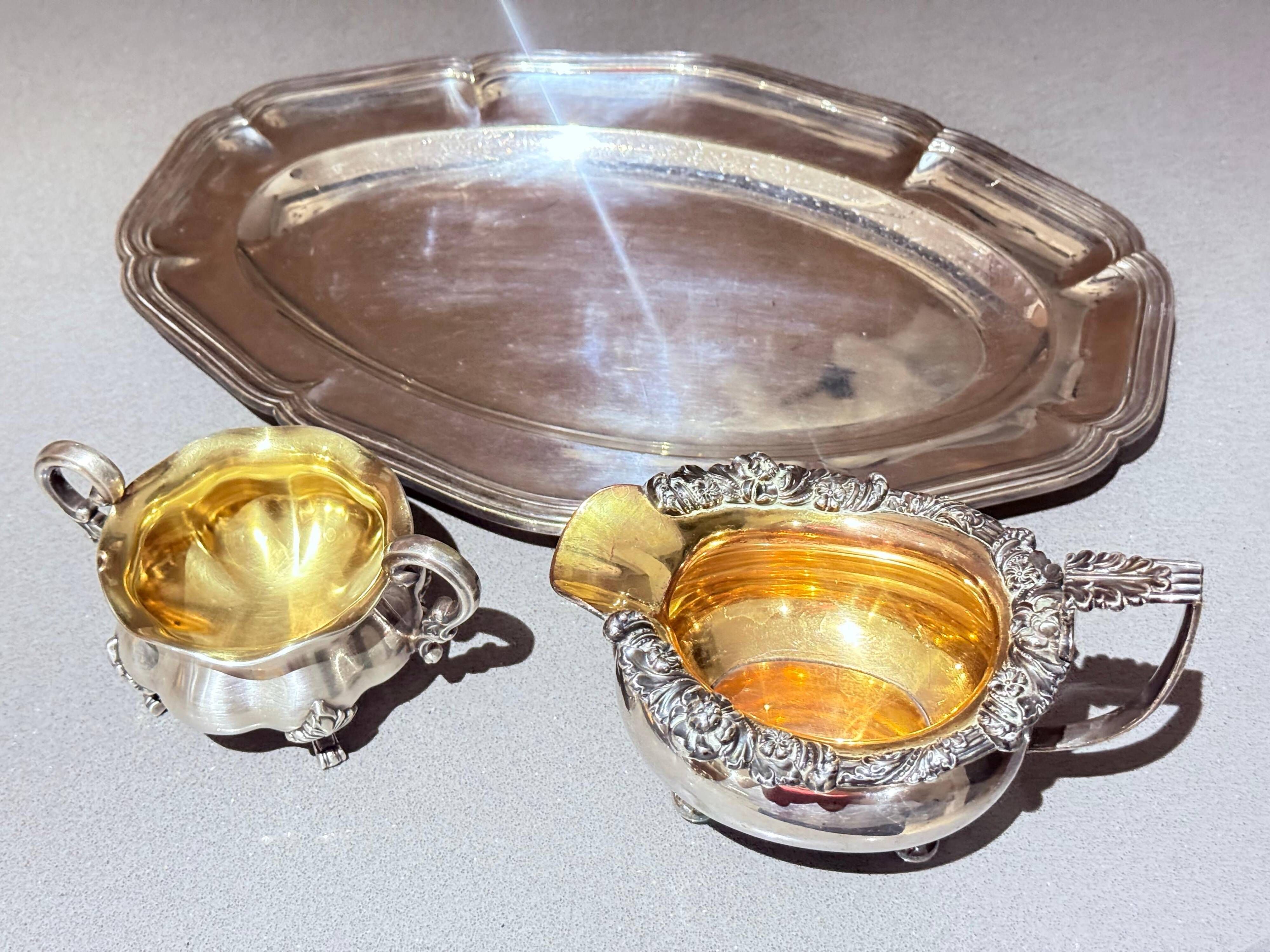 Antique Tea Set 4 Part English Silver Serving Tray, gild Home Decorative Objects