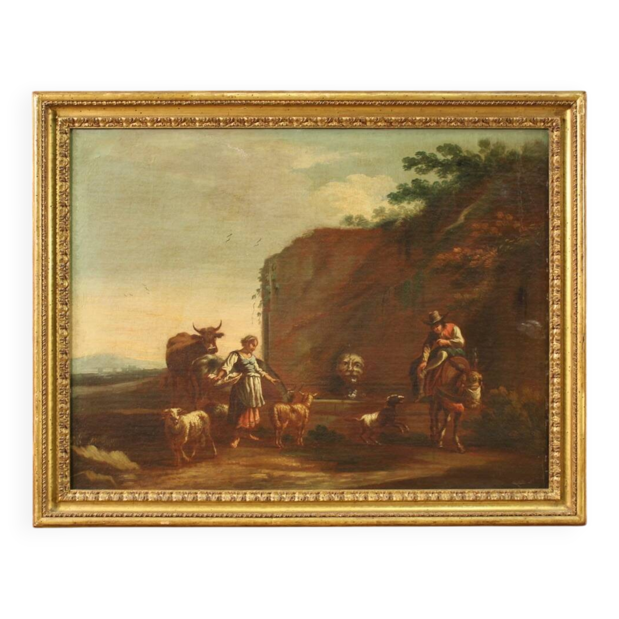17th century bucolic landscape painting with figures, pastoral scene