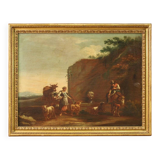 17th century bucolic landscape painting with figures, pastoral scene