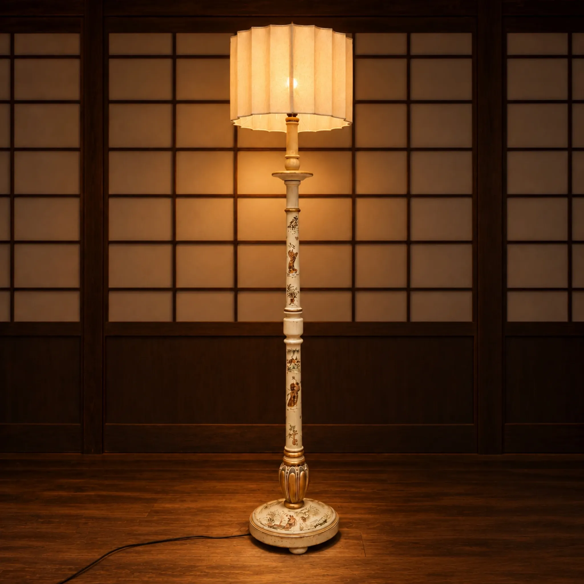 Lampadaire antique japonais peint à la main blanc et or (nouvel abat-jour)