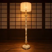Lampadaire antique japonais peint à la main blanc et or (nouvel abat-jour)