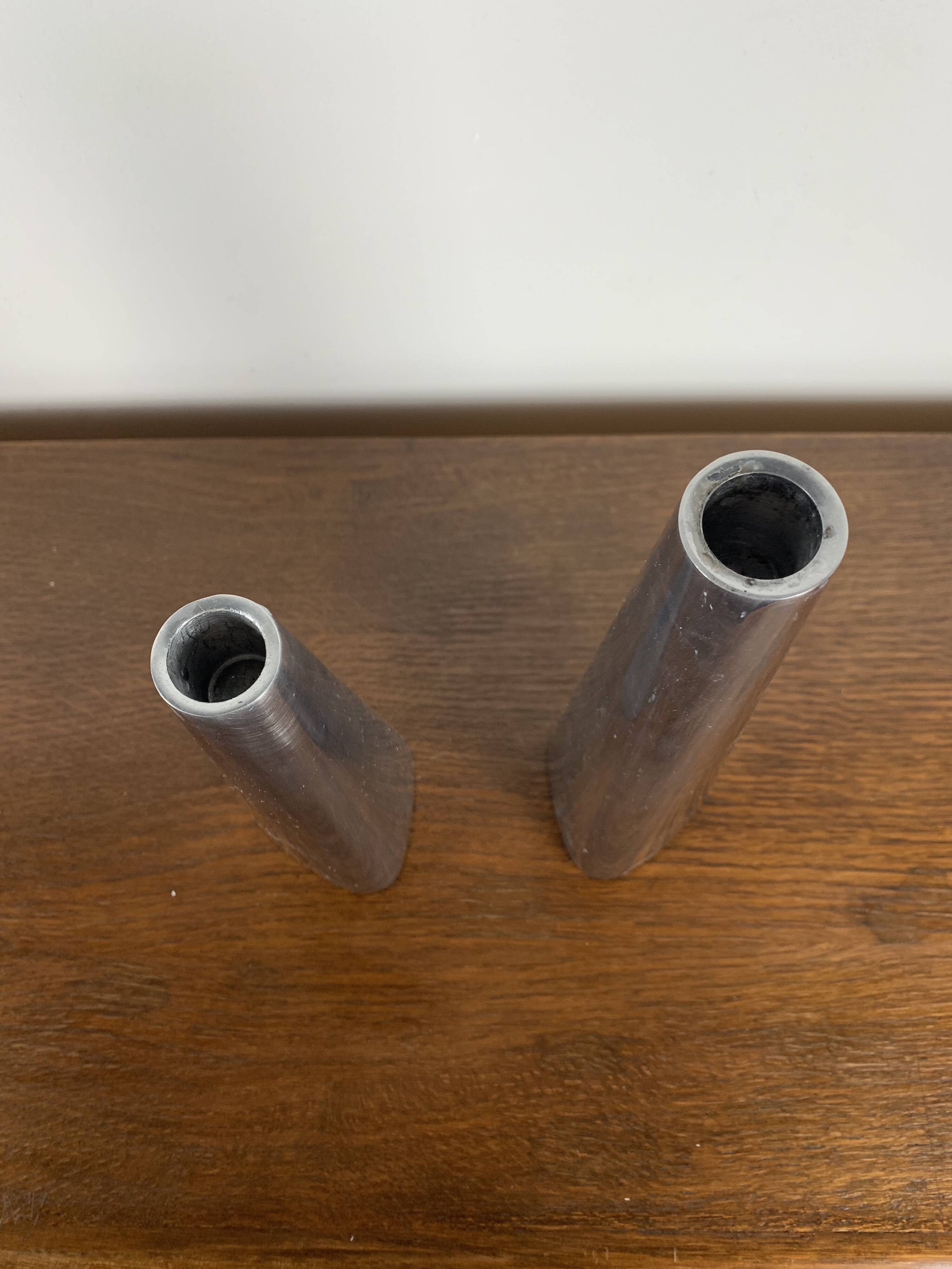 Duo of silver aluminum candle holders, Ikea 1980
