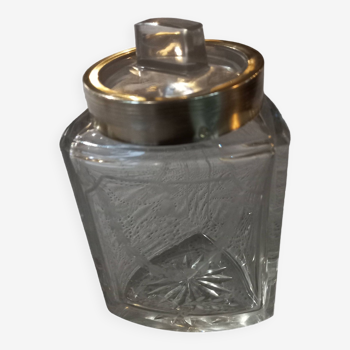 Toilet bottle, three-sided crystal body with floral decoration, glass stopper and one in solid silver