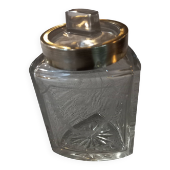 Toilet bottle, three-sided crystal body with floral decoration, glass stopper and one in solid silver