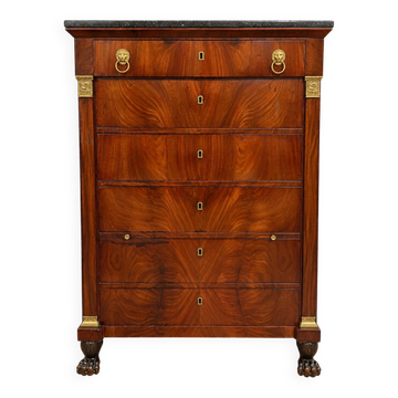 Mahogany chest of drawers – Empire / Restoration period – Black marble and bronze