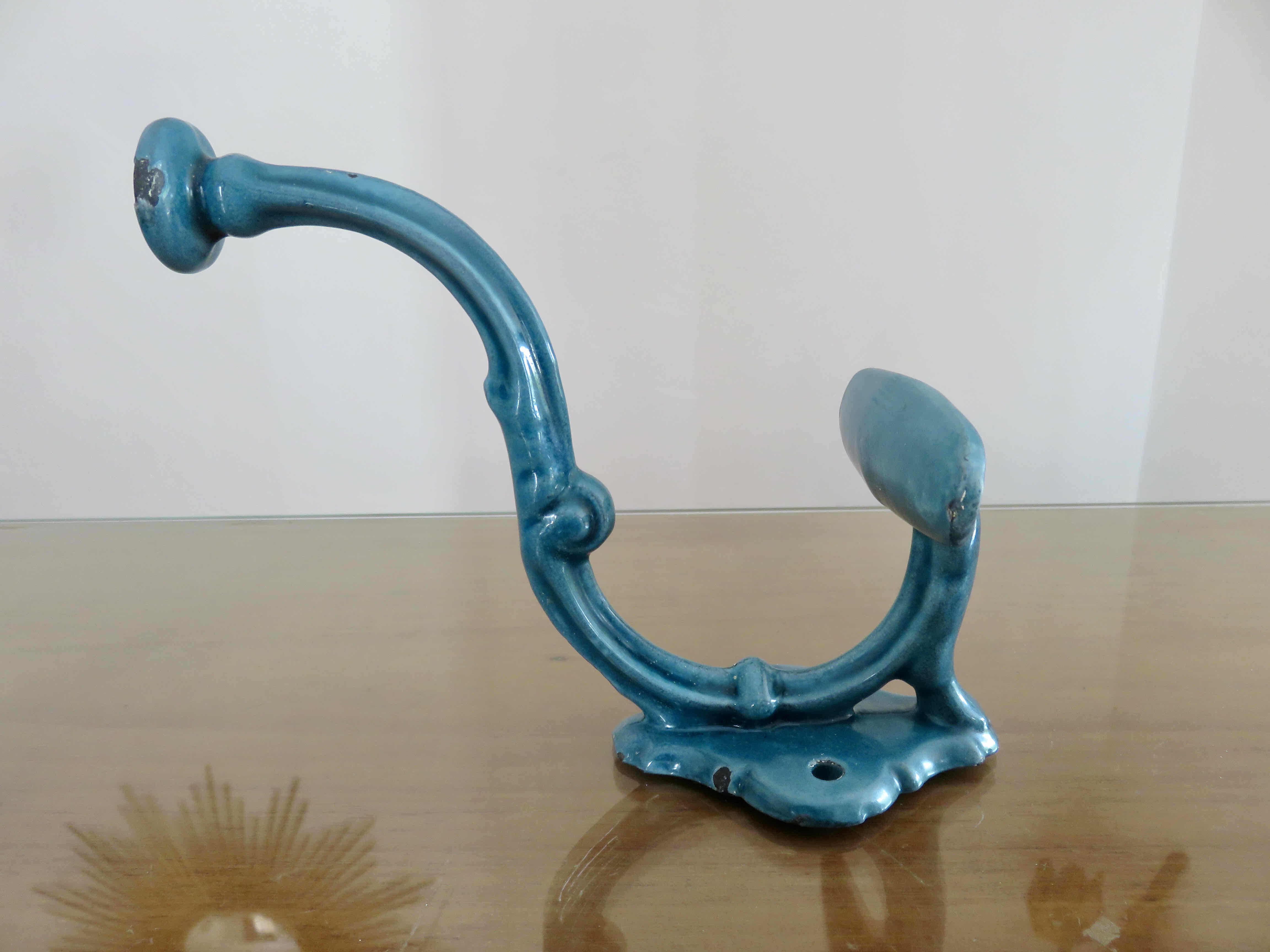 Pair of hooks in blue enamelled cast iron, art deco 30s 40s