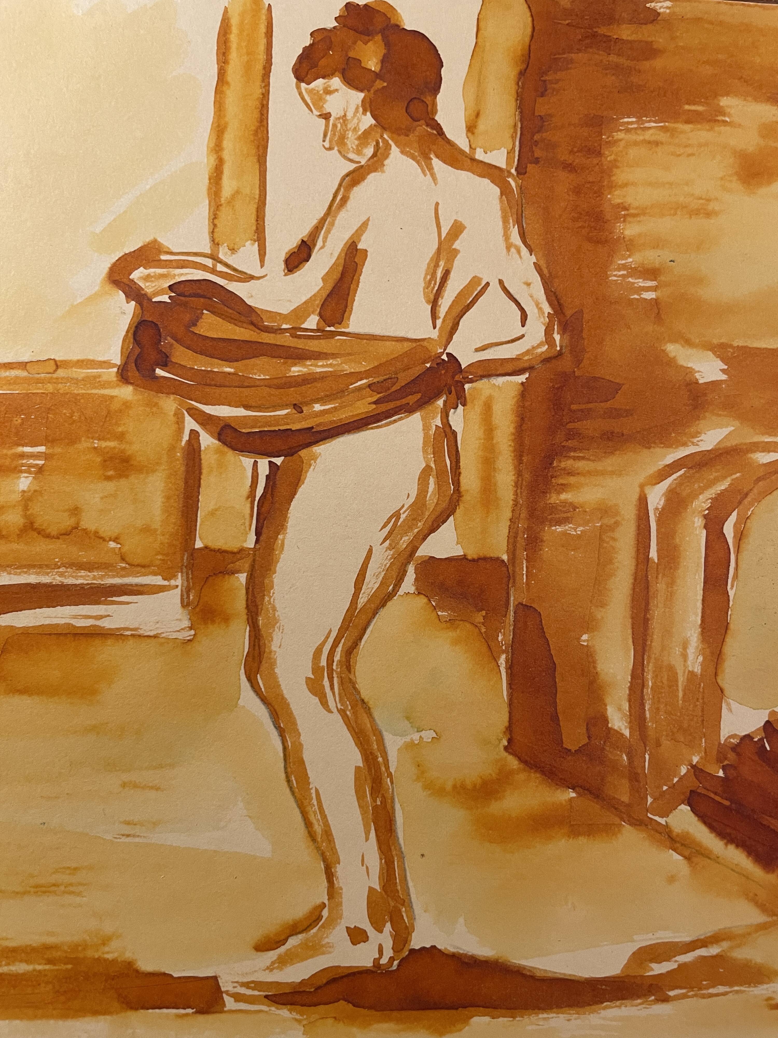 Red chalk watercolor portrait of a woman "study of coming out of the bath"
