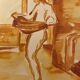 Red chalk watercolor portrait of a woman "study of coming out of the bath"