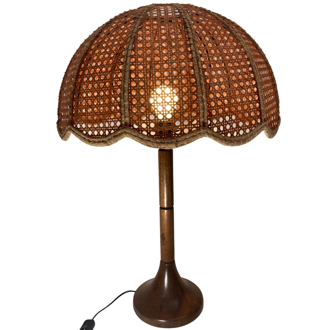 Lampe de table d’abat-jour de champignon en fausse toile de bambou, années 1960