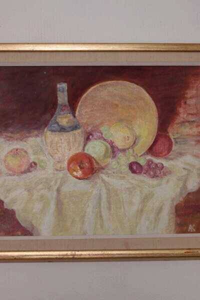 Original Swedish oil on canvas – “Still Life with Fruit and Bottle” by A.K. – vintage & framed – 40 × 48 cm (15.7" × 18.9")