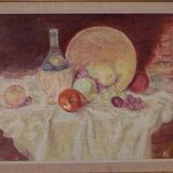 Original Swedish oil on canvas – “Still Life with Fruit and Bottle” by A.K. – vintage & framed – 40 × 48 cm (15.7" × 18.9")