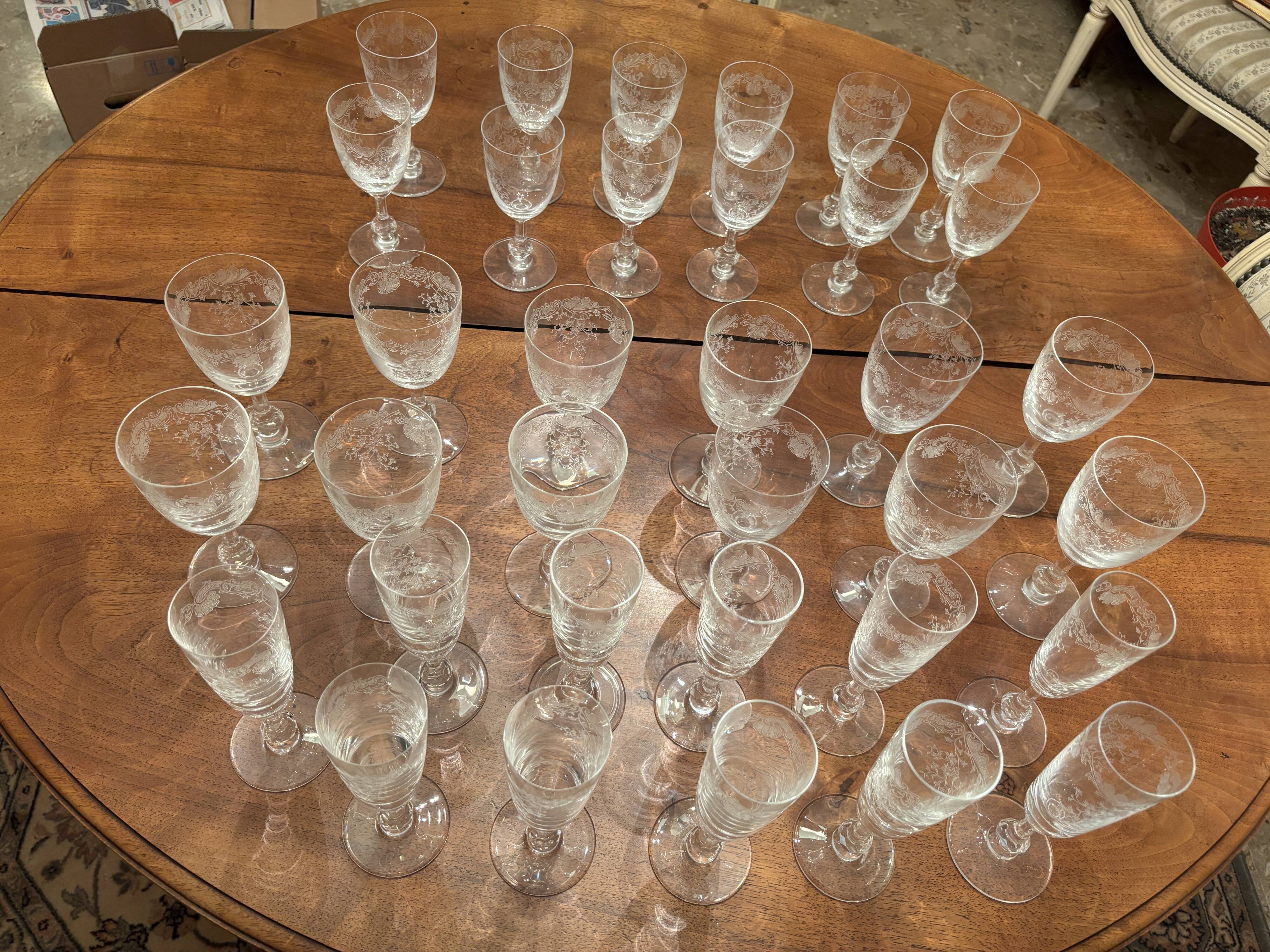 35 signed Saint-Louis crystal glasses – antique engraved floral decoration