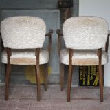 Pair of bridge chairs in wood and powder pink satin-effect fabric, Art Deco style