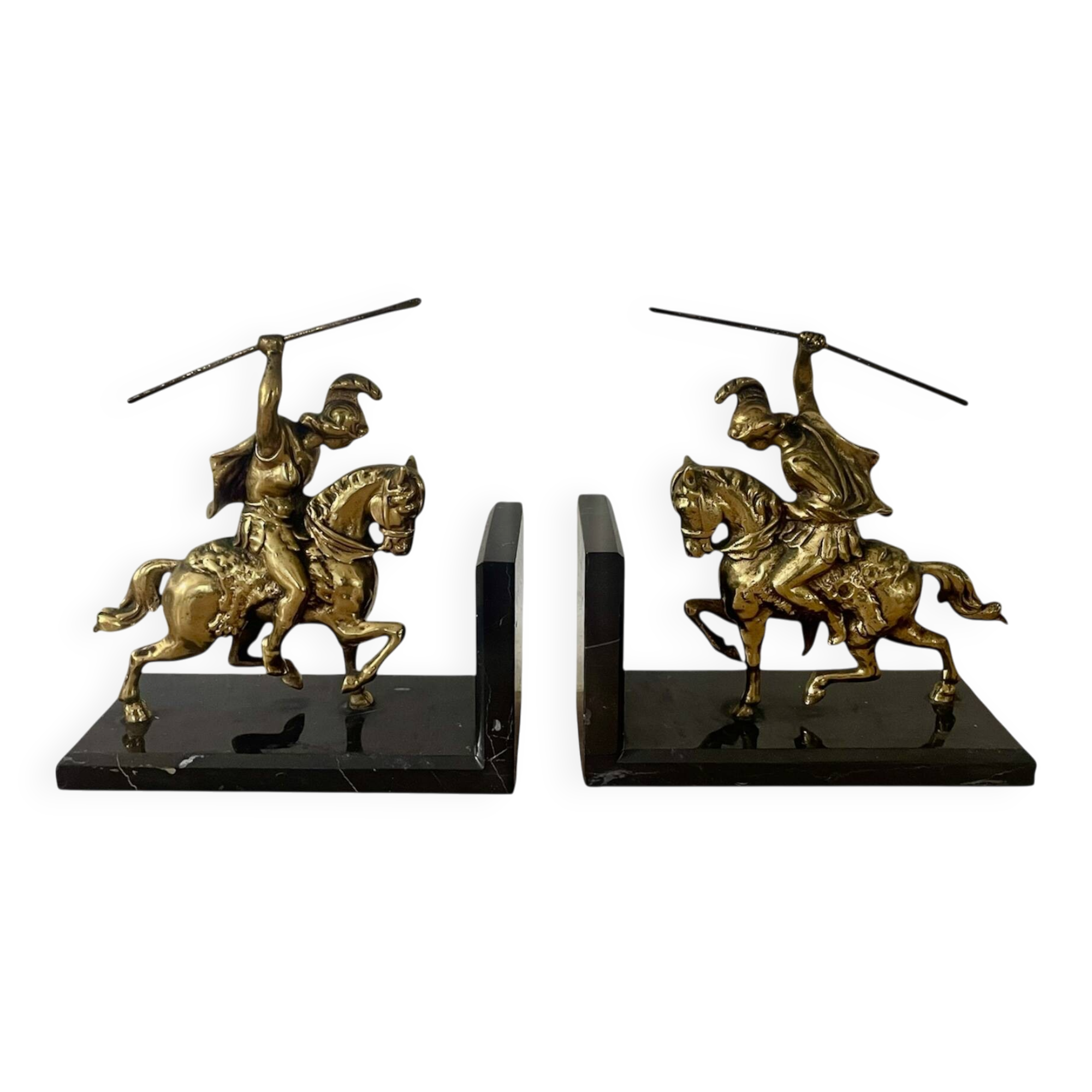 Pair of neo-classical Roman soldier bookends in marble and brass.