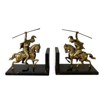 Pair of neo-classical Roman soldier bookends in marble and brass.