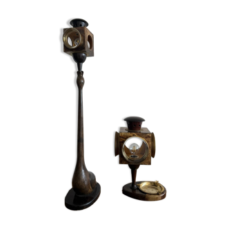 Set of 2 Aldo Tura lamps/floor lamps in parchment, brass, and glass.