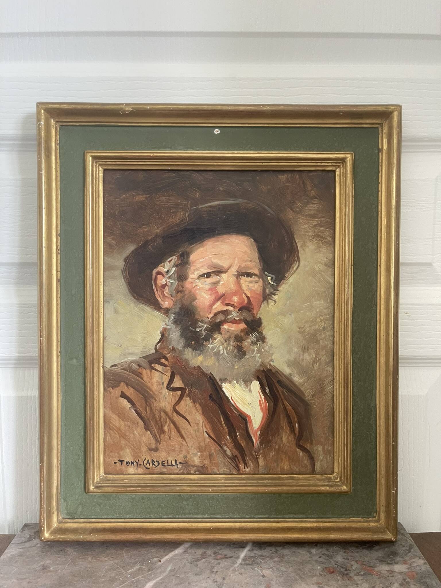 Ancien tableau, peinture à l'huile, portrait vieil homme signé Cardella