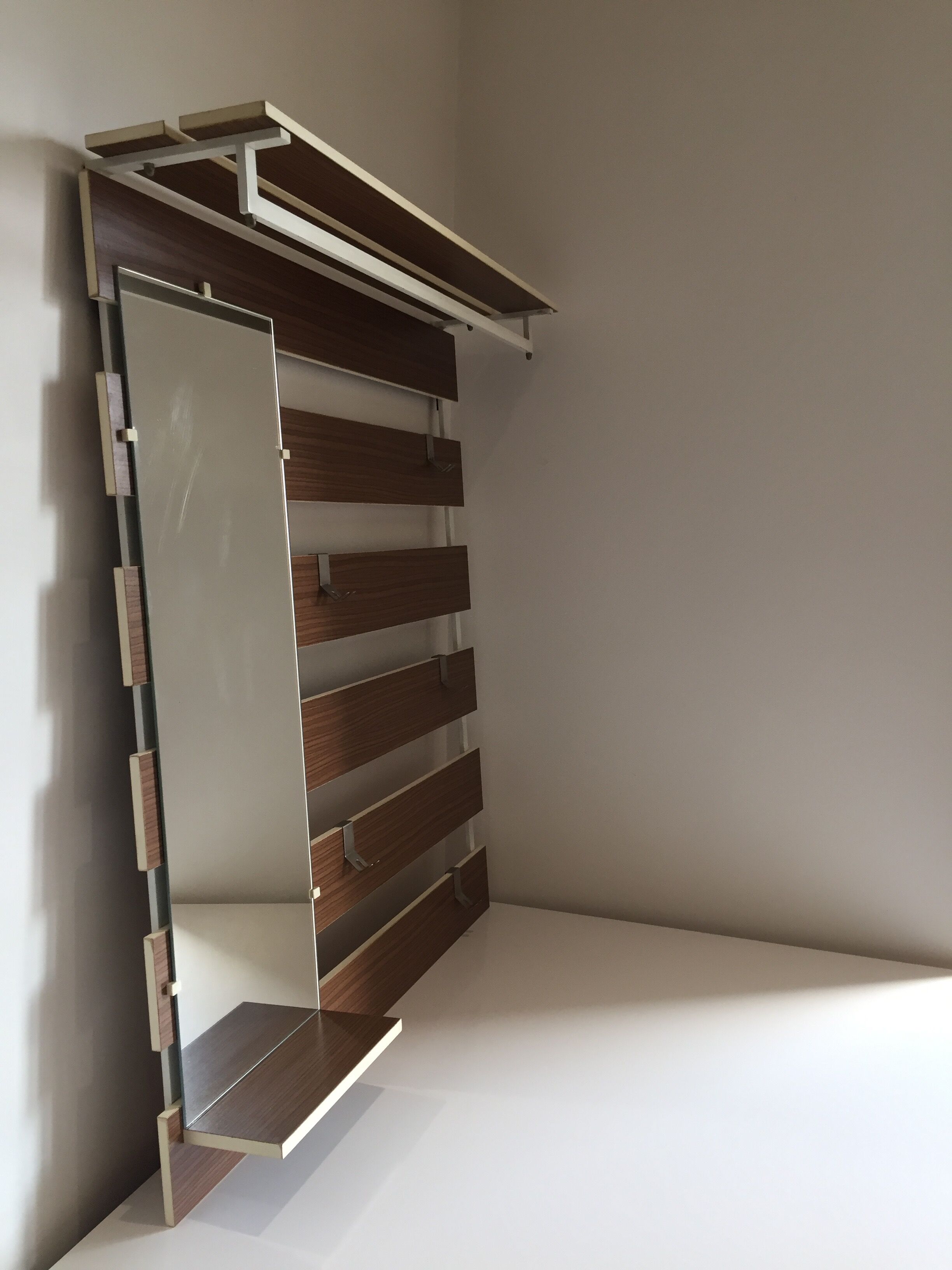Slatted wall coat rack with mirror, modernist design, 1960s