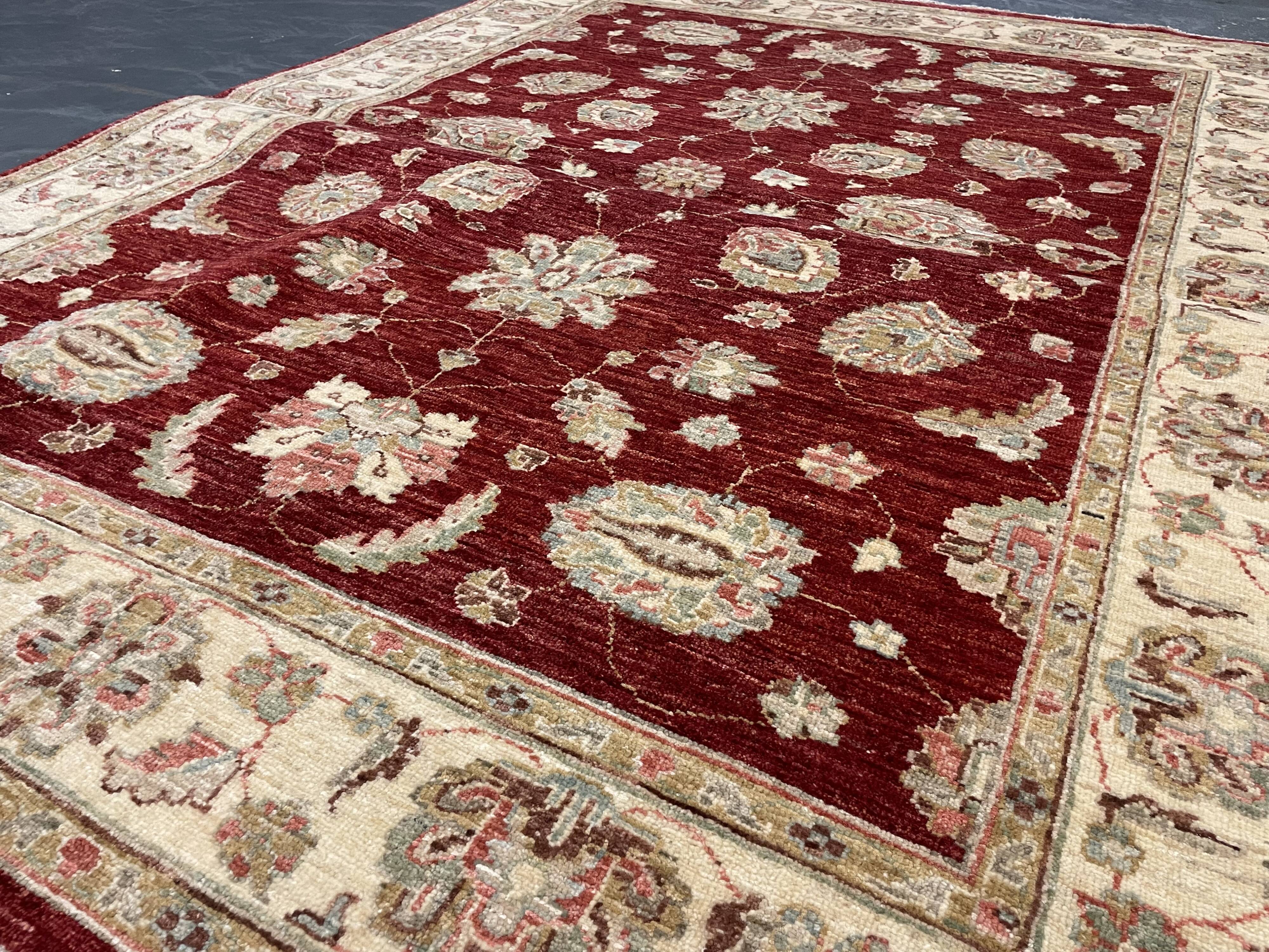 Tapis Zeigler en laine rouge fait main, motif floral, pour salon et séjour, 144 x 190 cm