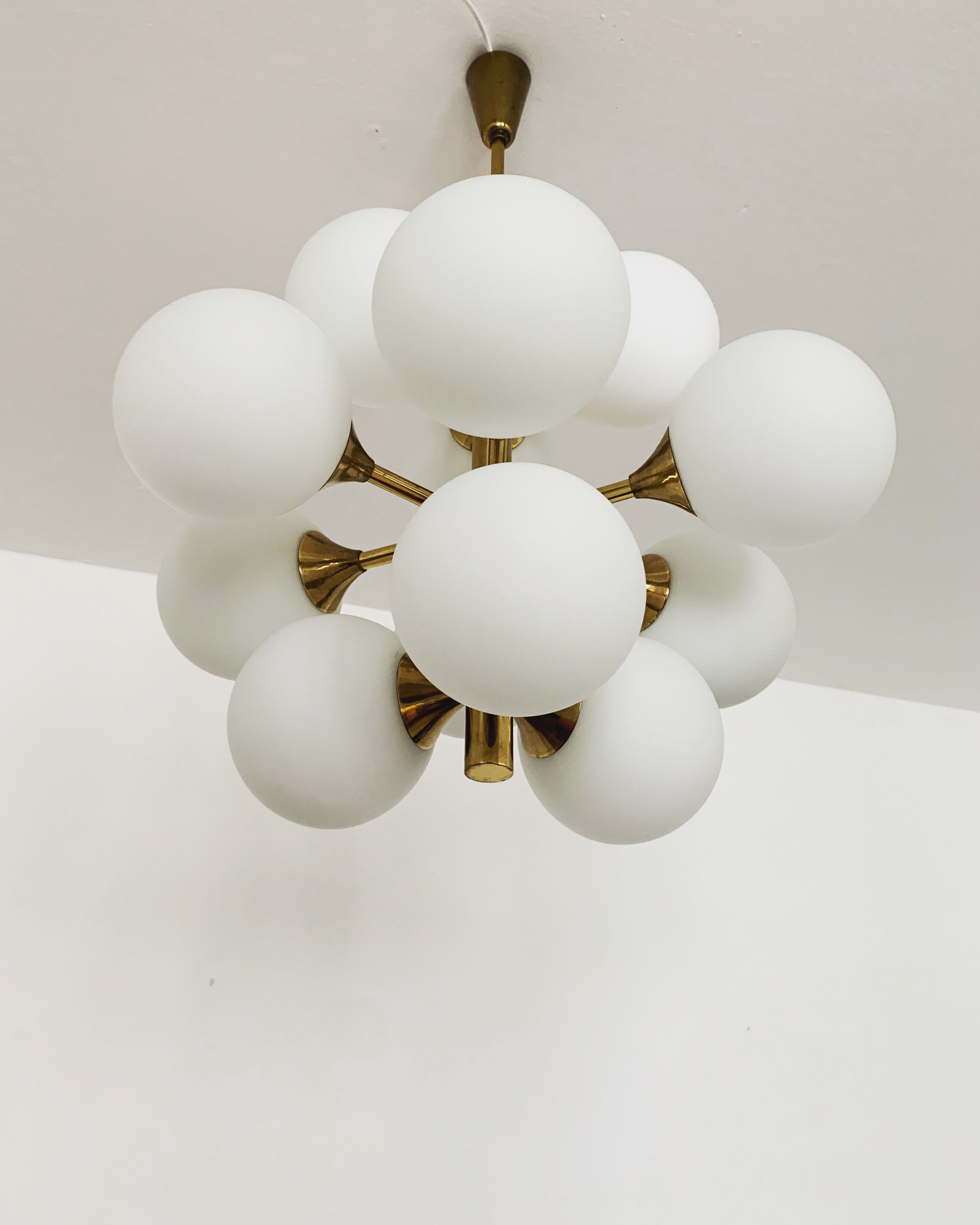 Mid-Century Modern brass and opaline glass Sputnik chandelier