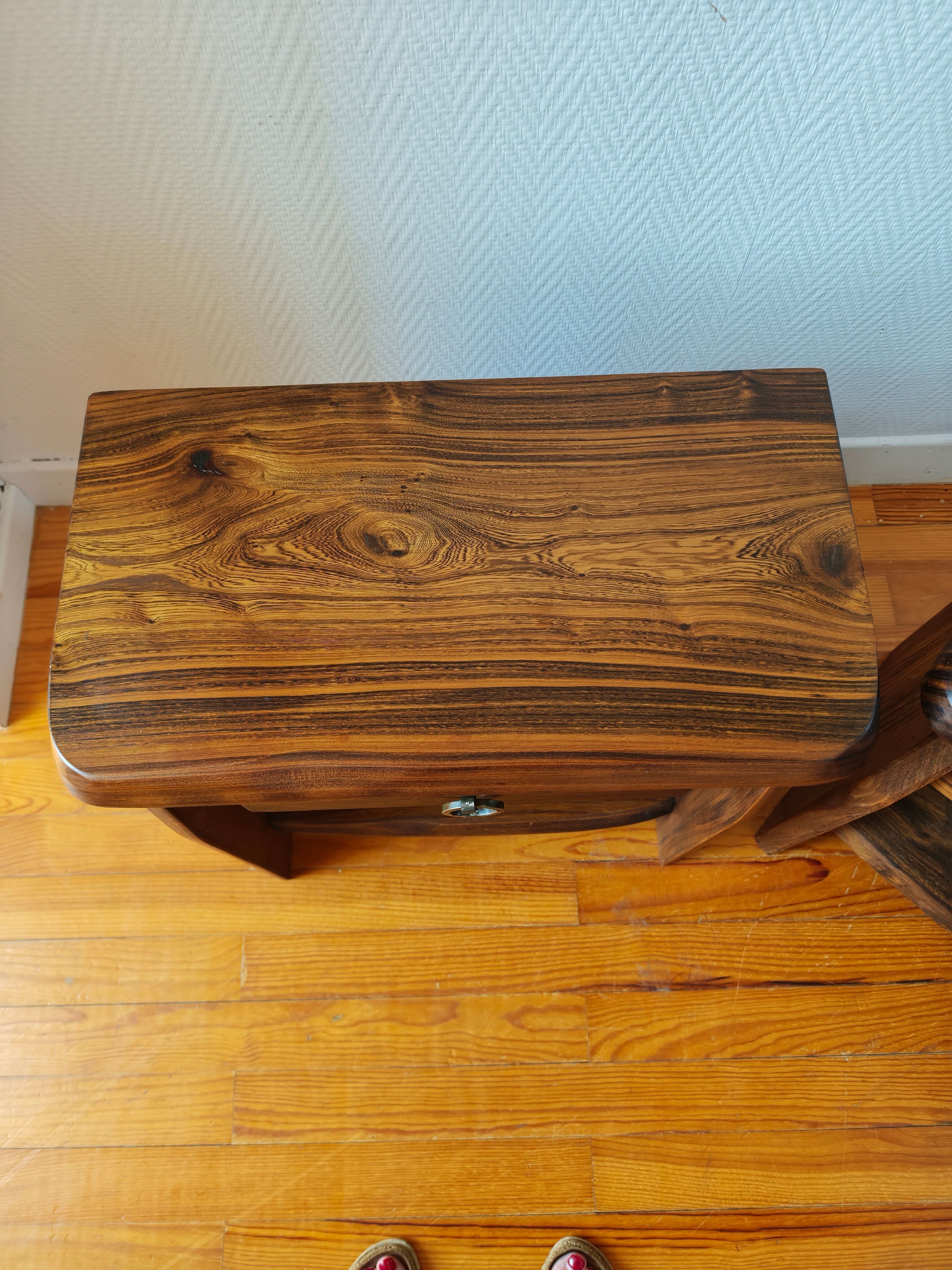 Pair of solid elm bedside tables, France 1970.
