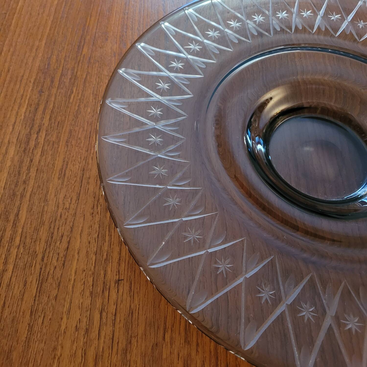 Large smoked glass bowl with star engraving – 1950s